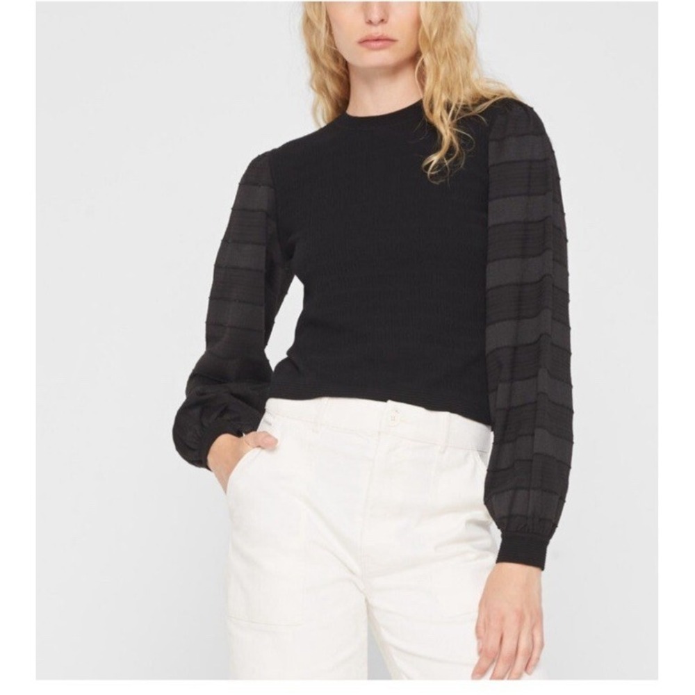 Club Monaco Women's Woven Sleeve Crewneck Sweater Black Size Small Old Money‎